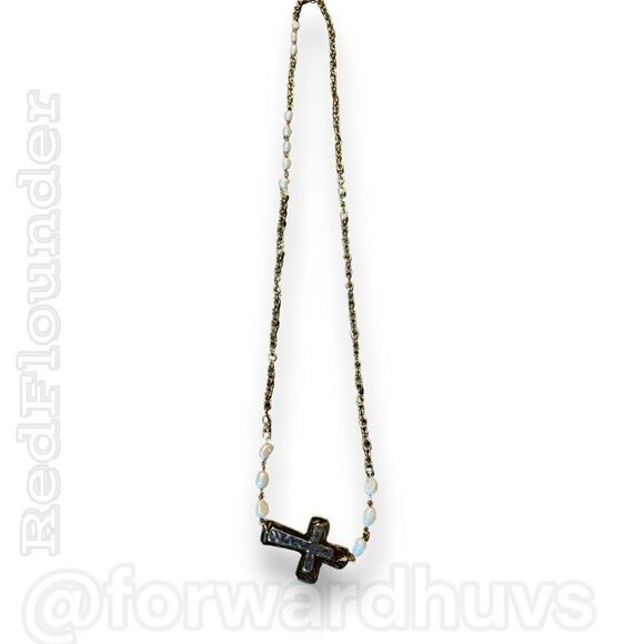 Gold Tone Cross Necklace with Simulated Pearl - Picture 1 of 7